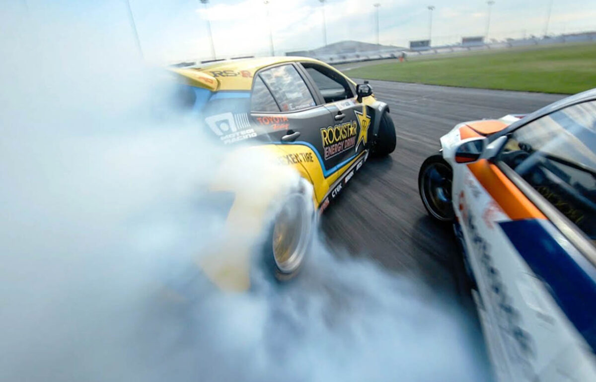 Drift car. FPV drone is chasing car racers